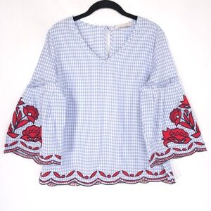 Anthropologie SOLITAIRE Blue White Check Top M Bell Sleeves Embroidered‎ Flowers